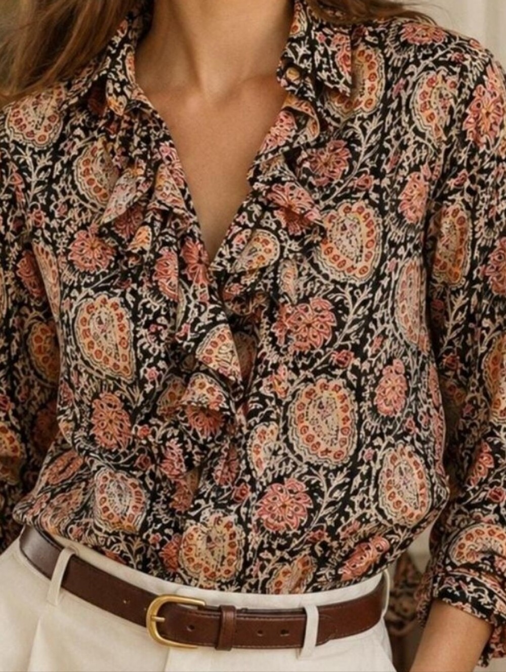 Lauren Ralph Lauren Paisley Ruffled Cotton  Buttondown Office Professional Casua